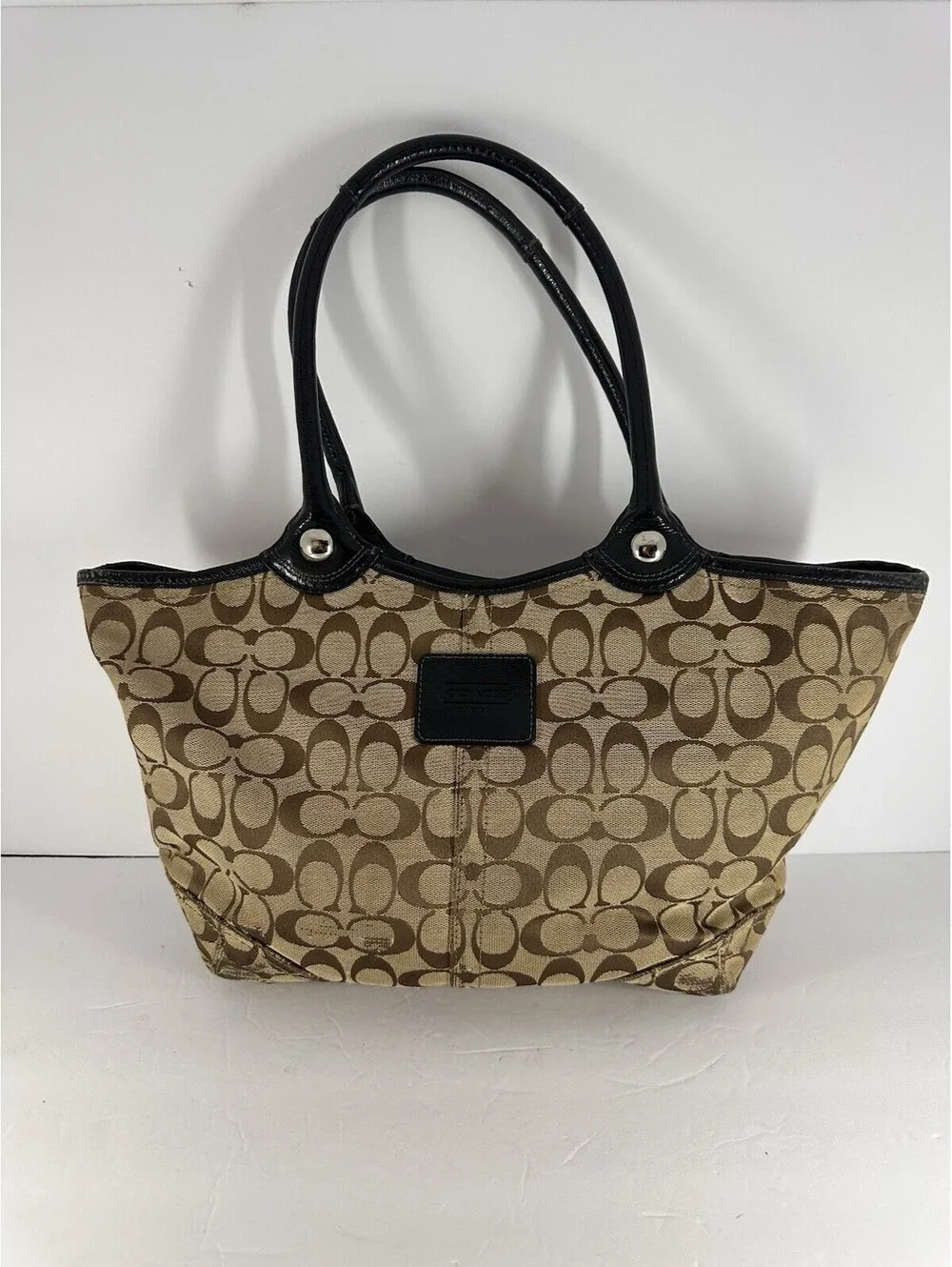 Coach Signature Jacquard Bleeker Tote Bag - Tan with Black Leather Trim